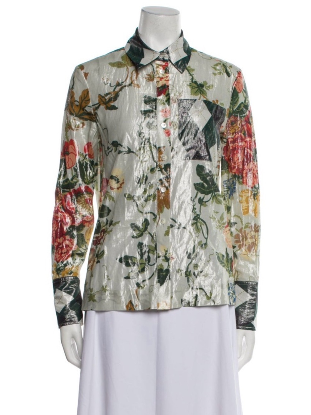 STAUD Floral Crinkle Button-Up Blouse in Green, Pink and Yellow